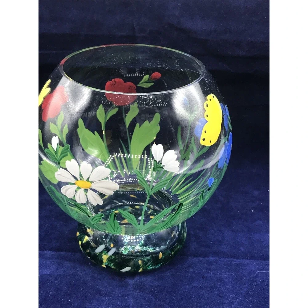 Romania Crystal Art Glass Vase Hand Painted Flowers‎ BEE & BUTTERFLY